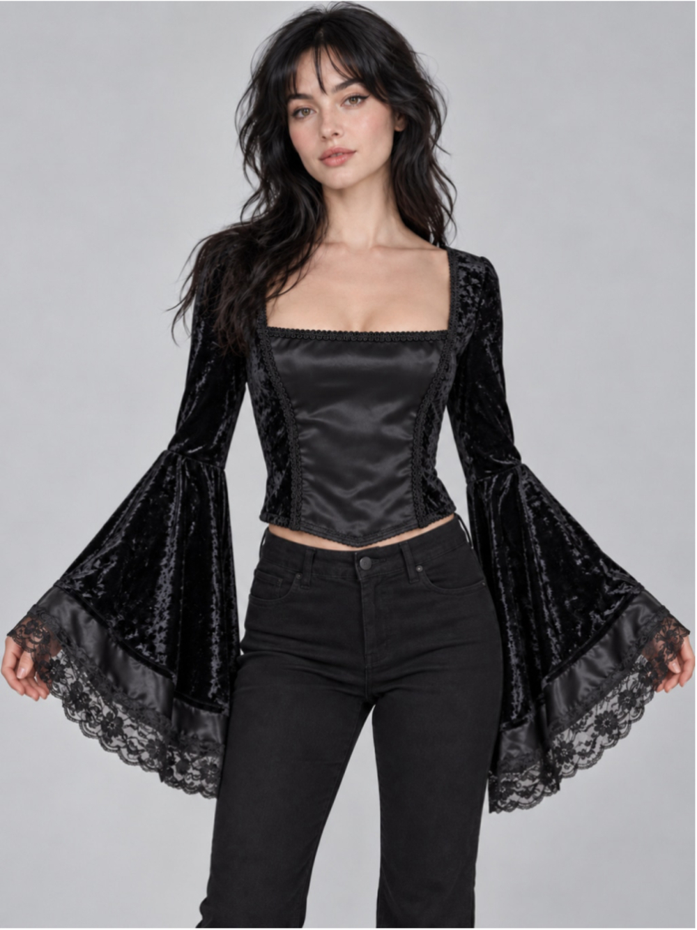 Lip Service Black Velvet Lace Bell Sleeve Corset Style Top M Gothic Vampire Y2K